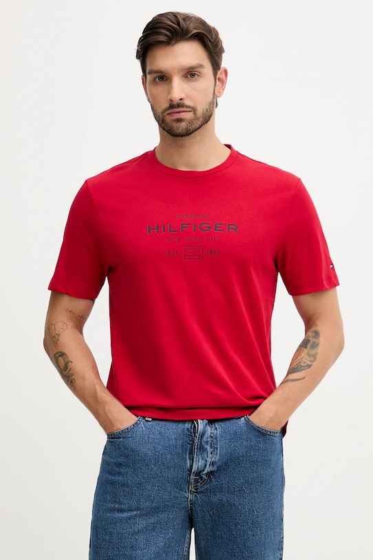 Βαμβακερό μπλουζάκι Tommy Hilfiger εμπριμέ κόκκινο MW0MW40002