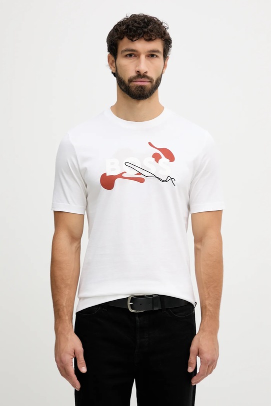 BOSS t-shirt bawełniany nadruk beżowy 50549282
