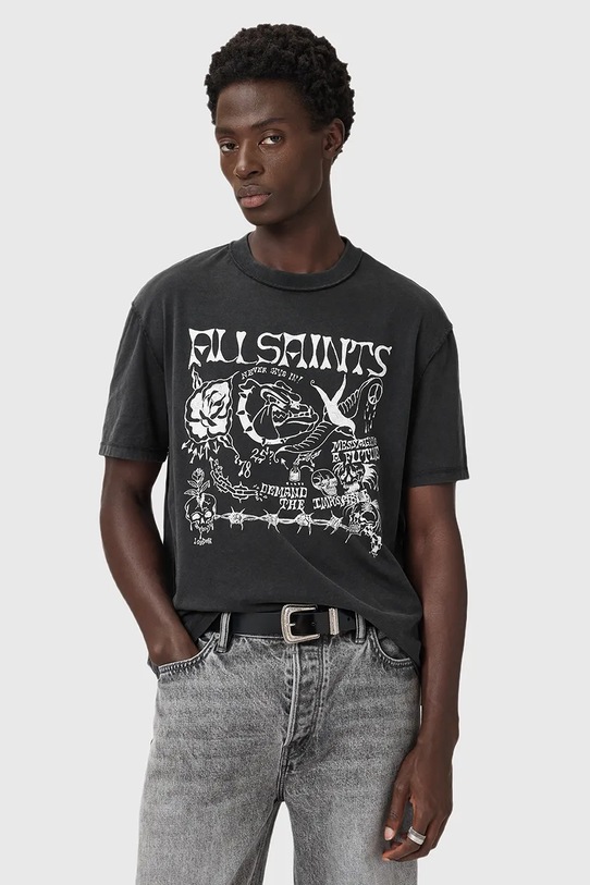 Βαμβακερό μπλουζάκι AllSaints CHINGFORD στάμπα γκρί M002PD