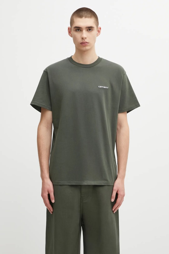 Carhartt WIP t-shirt bawełniany S/S Script Embroidery T-Shirt gładkie zielony I030435.3CDXX