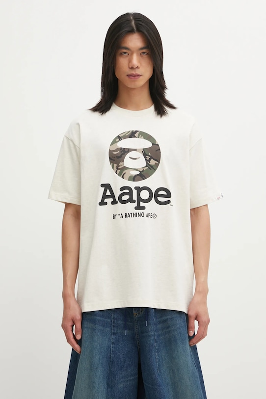 AAPE t-shirt bawełniany Basic nadruk beżowy AAPTEM1640XAO