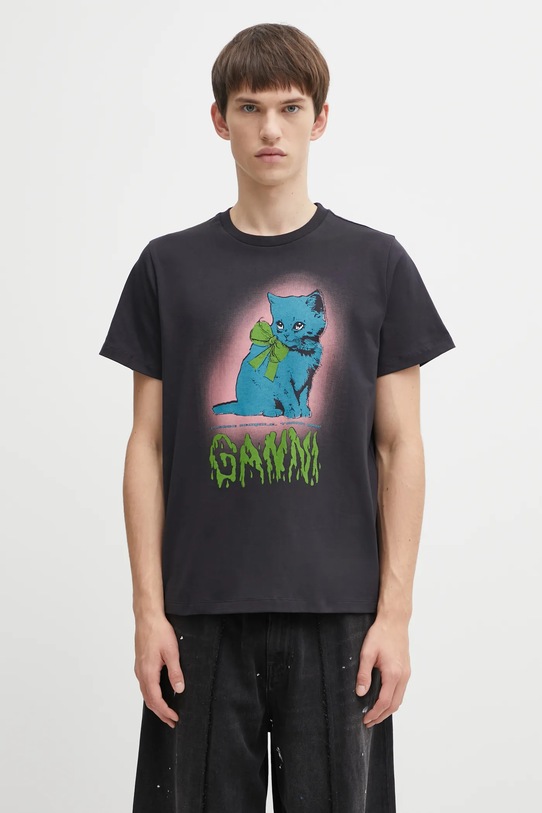 GANNI t-shirt bawełniany Basic Cotton Jersey Neon Kitty nadruk szary T4340