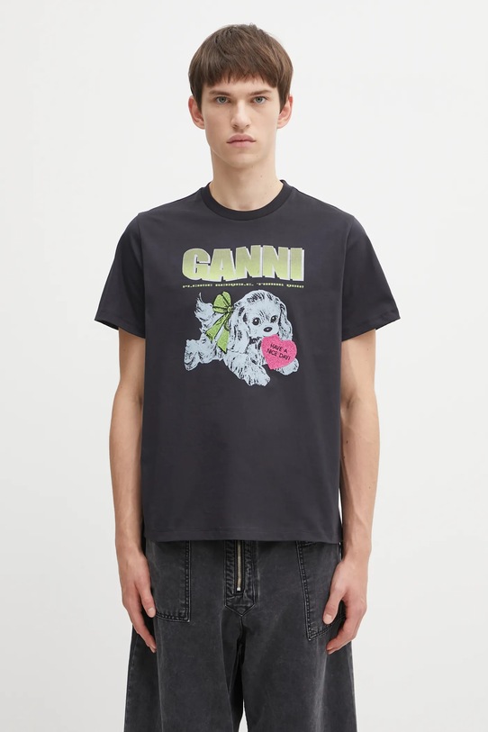 GANNI t-shirt bawełniany Basic Cotton Jersey Neon Puppy nadruk szary T4333