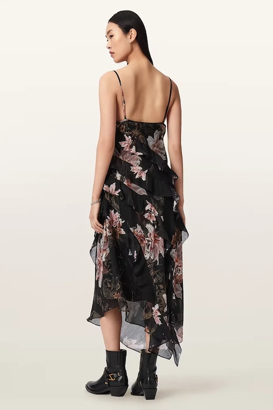 AllSaints ασύμμετρο φόρεμα με πρόσμιξη μεταξιού RUTH W087DE μαύρο AW26