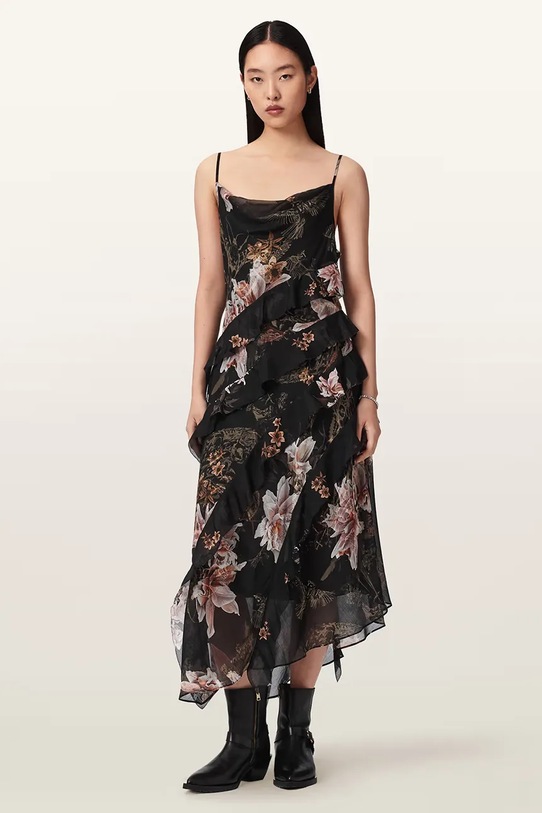 AllSaints ασύμμετρο φόρεμα με πρόσμιξη μεταξιού RUTH W087DE μαύρο