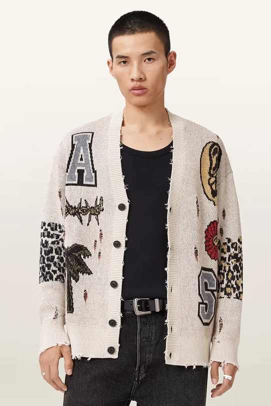 AllSaints kardigan męski z dodatkiem wełny FOXX beżowy M052KE