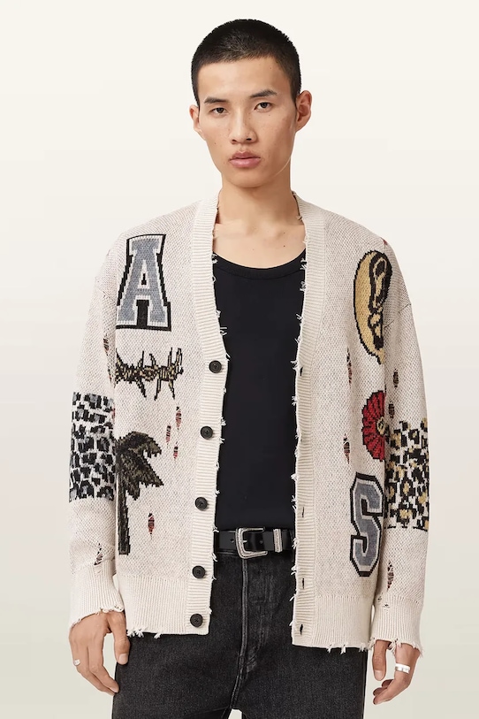 AllSaints kardigan męski z dodatkiem wełny FOXX beżowy M052KE