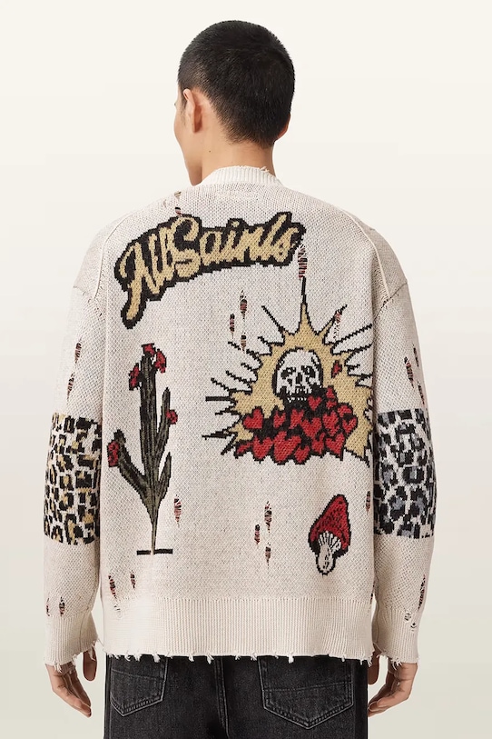 AllSaints kardigan męski z dodatkiem wełny FOXX M052KE beżowy AW26