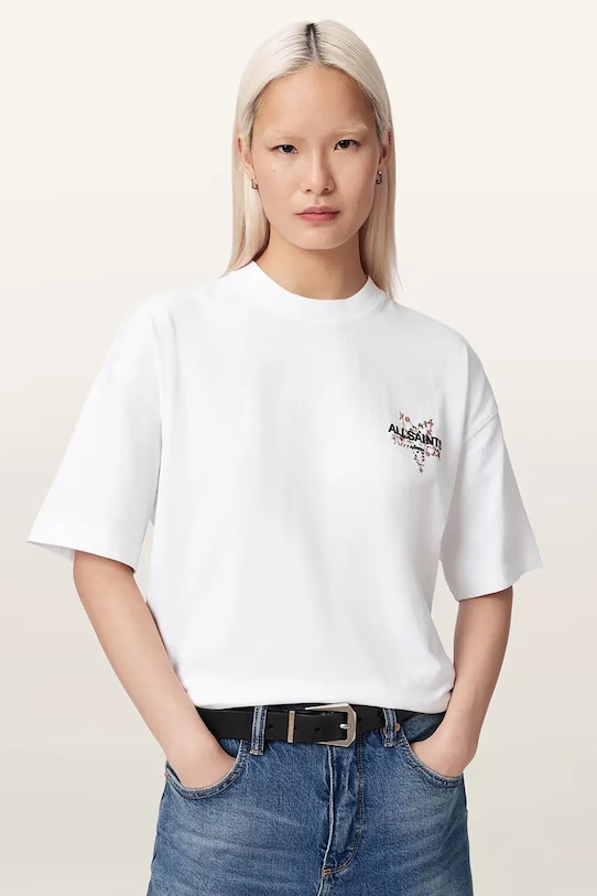 AllSaints oversize kratka majica ženska bombažna PENTACLE W171JE bela AW26