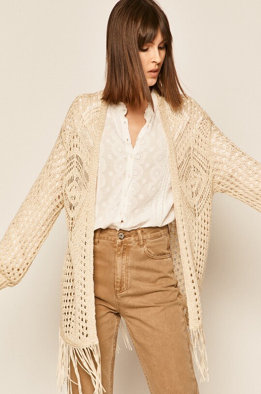 Sweter damski z frędzlami kremowy średniej grubości beżowy RS20.SWD600