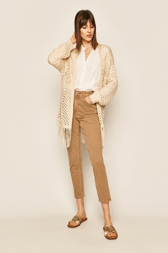 Sweter damski z frędzlami kremowy RS20.SWD600 beżowy RS20