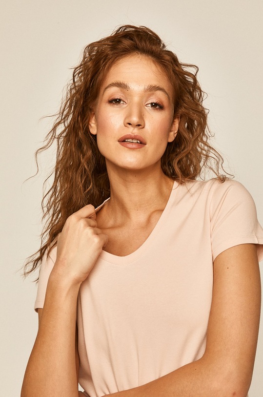 T-shirt damski ze spiczastym dekoltem różowy z elastanem różowy RS20.TSD032