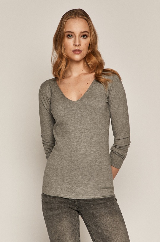 Sweter damski z dekoltem z gładkiej dzianiny szary szary RS21.SWD040