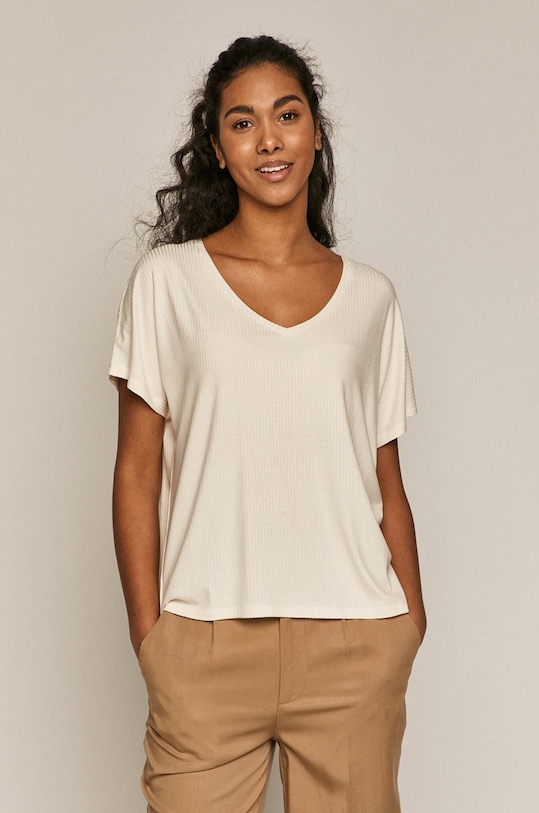 T-shirt damski oversize z prążkowanej dzianiny kremowy z elastanem beżowy RS21.TSD072