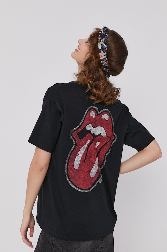 T-shirt damski z nadrukiem The Rolling Stones czarny okrągły czarny RS21.TSDA57