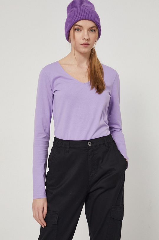 Longsleeve bawełniany damski gładki z domieszką elastanu różowy z elastanem fioletowy RS22.BUD022