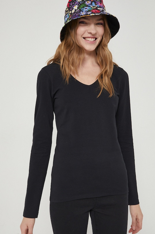 Longsleeve bawełniany damski gładki z domieszką elastanu czarny z elastanem czarny RS22.BUD022
