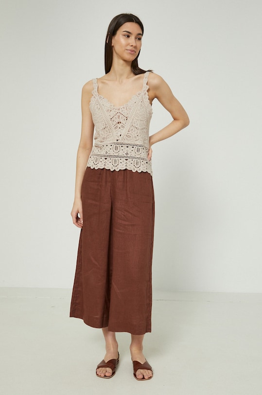 Spodnie lniane damskie high waist brązowe tkanina brązowy RS22.SPDA00