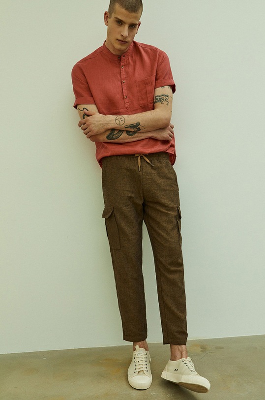 Spodnie lniane męskie brązowe len brązowy RS22.SPMA10