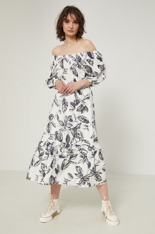 Sukienka z domieszką lnu damska rozkloszowana beżowa wzorzyste beżowy RS22.SUD814