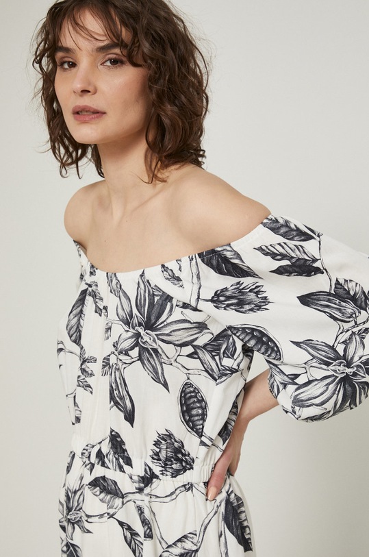 Odzież Sukienka z domieszką lnu damska rozkloszowana beżowa RS22.SUD814 beżowy