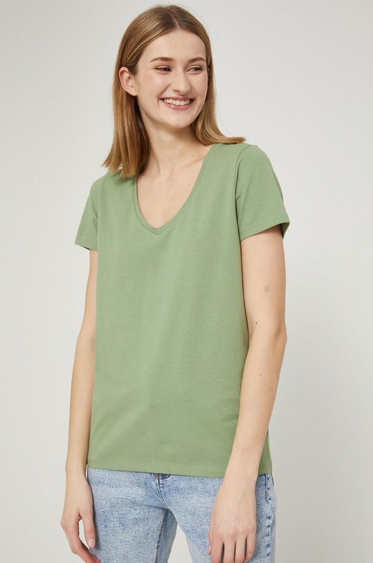T-shirt bawełniany damski gładki z domieszką elastanu zielony z elastanem zielony RS22.TSD042