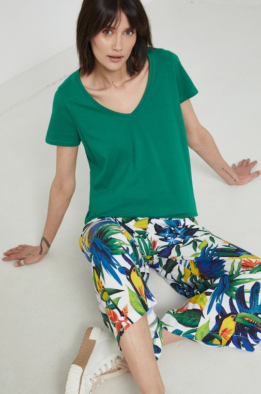 T-shirt bawełniany damski gładki z domieszką elastanu zielony z elastanem zielony RS22.TSD0C3