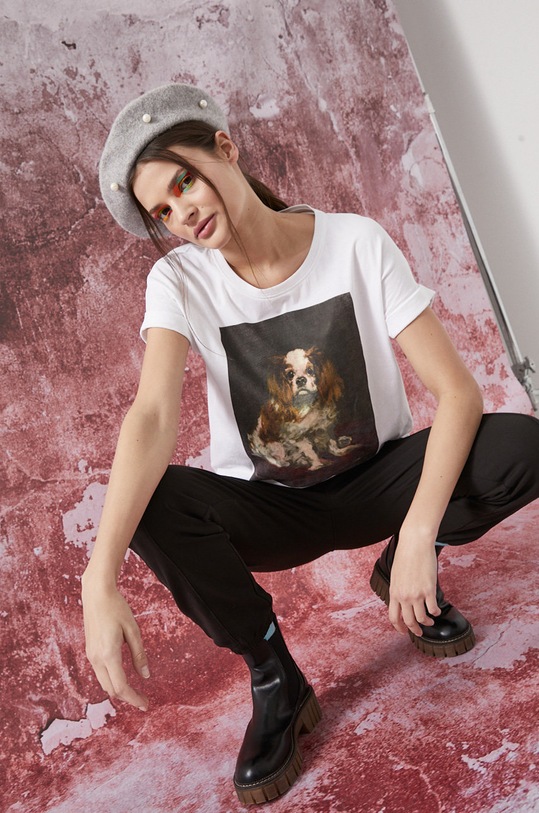 T-shirt bawełniany Eviva L'arte damski z nadrukiem biały okrągły biały RS22.TSD156