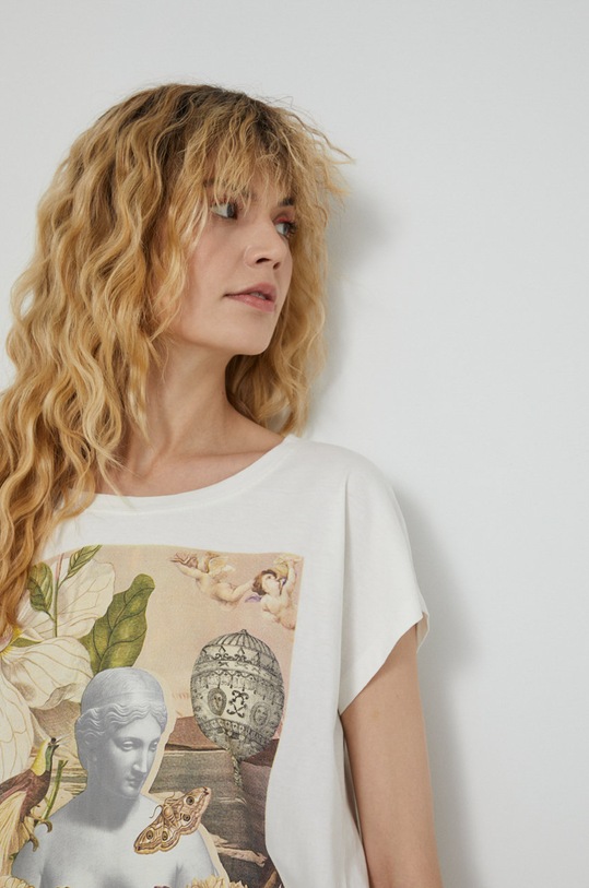 T-shirt bawełniany damski z kolekcji Kolaże by Hint of Time - Collage Studio beżowy beżowy RS22.TSDB54