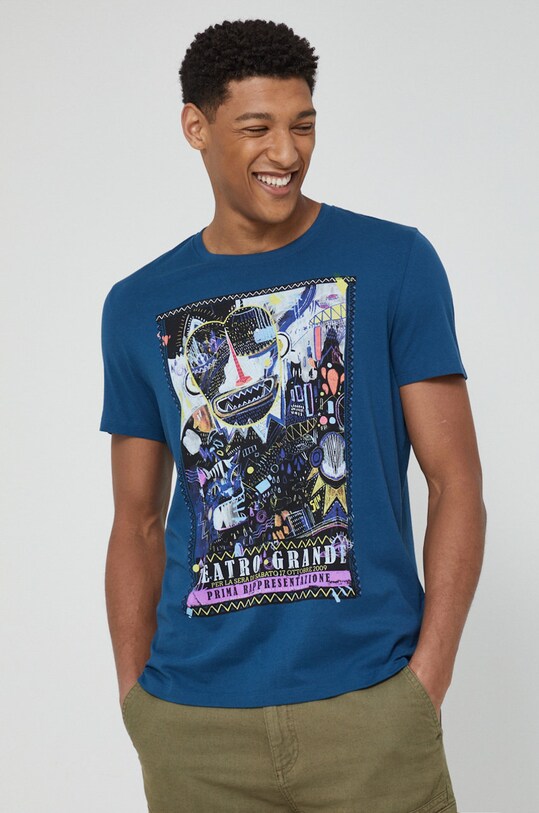 T-shirt bawełniany męski z nadrukiem niebieski okrągły niebieski RS22.TSMB14