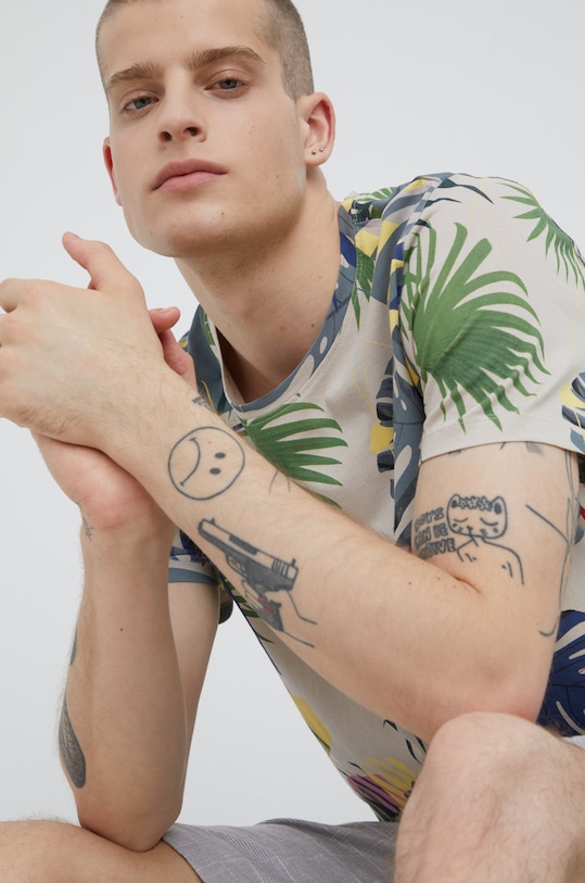 T-shirt bawełniany męski z nadrukiem beżowy okrągły beżowy RS22.TSMC19