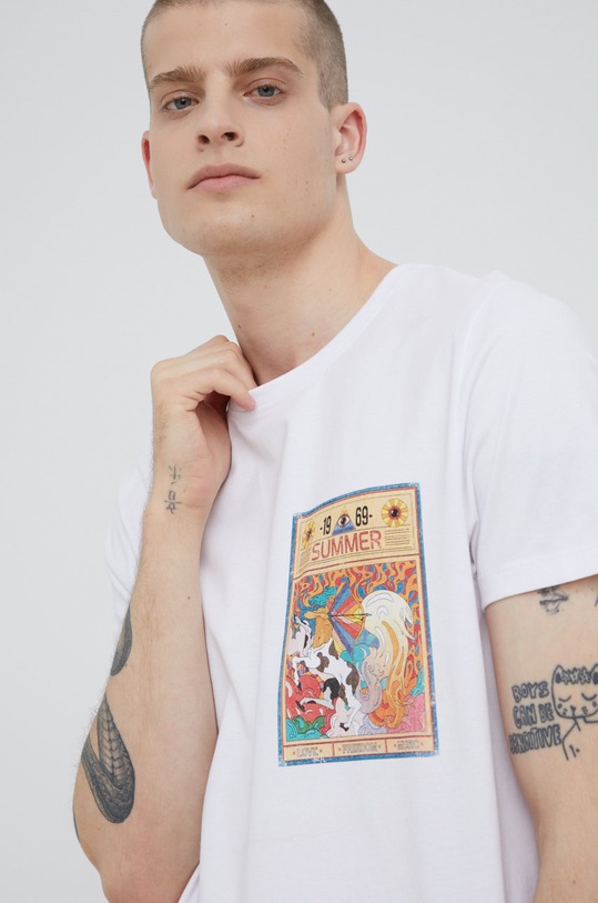 T-shirt bawełniany męski z nadrukiem biały okrągły biały RS22.TSMC27