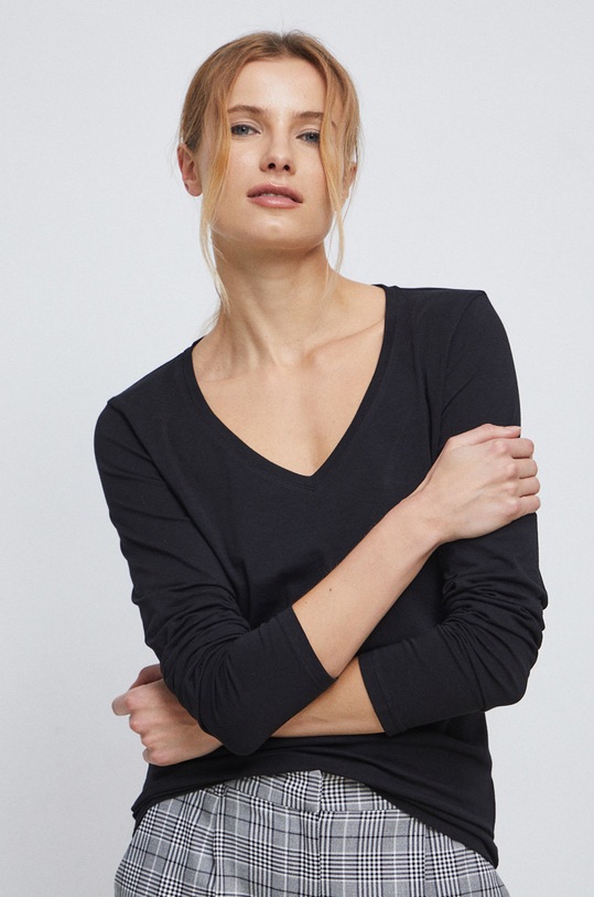 Longsleeve bawełniany damski gładki z domieszką elastanu kolor czarny z elastanem czarny RS23.BUD011