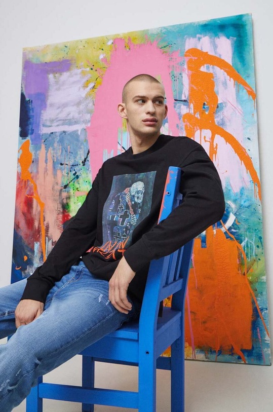 Bavlnené tričko s dlhým rukávom pánske Eviva L'arte čierna farba okrúhly čierna RS23.BUM255