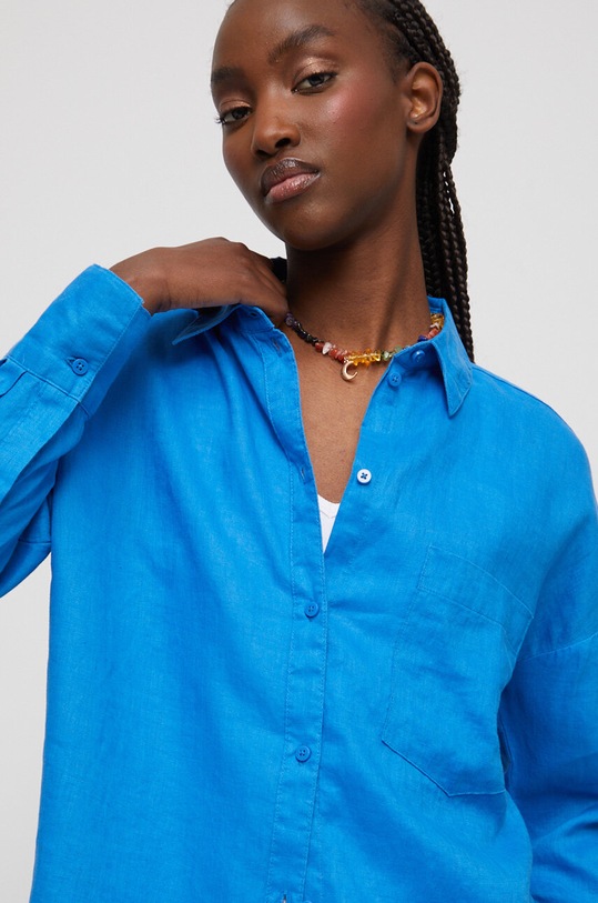 Koszula lniana damska gładka kolor niebieski długi niebieski RS23.KDD805