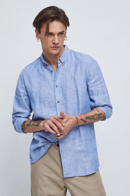 Koszula lniana męska z kołnierzykiem button-down kolor niebieski casual niebieski RS23.KDM071