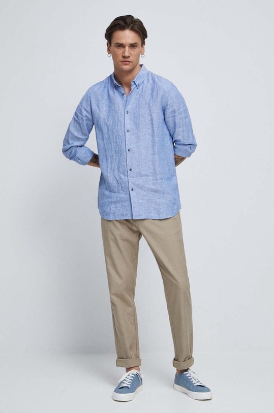 Odzież Koszula lniana męska z kołnierzykiem button-down kolor niebieski RS23.KDM071 niebieski