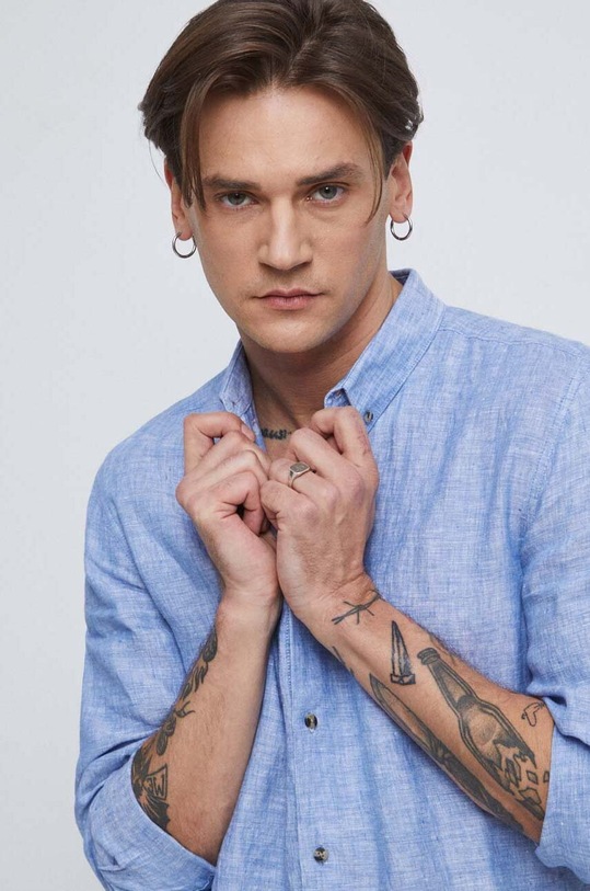 Koszula lniana męska z kołnierzykiem button-down kolor niebieski RS23.KDM071 niebieski