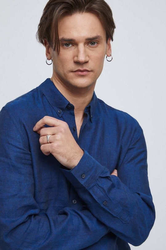 Koszula lniana męska z kołnierzykiem button-down kolor granatowy casual granatowy RS23.KDM071