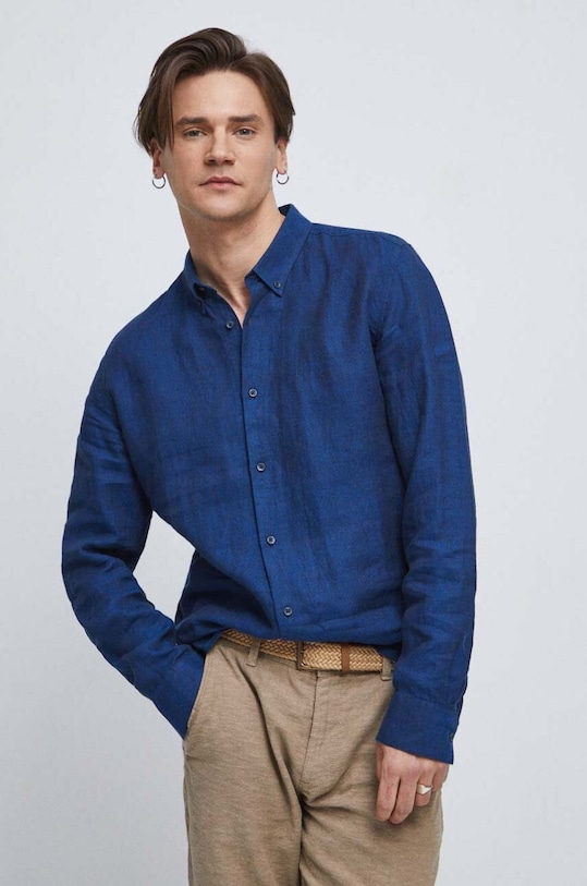 Koszula lniana męska z kołnierzykiem button-down kolor granatowy RS23.KDM071 granatowy