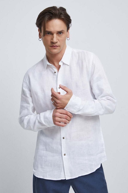 Koszula lniana męska z kołnierzykiem klasycznym kolor biały casual biały RS23.KDM073