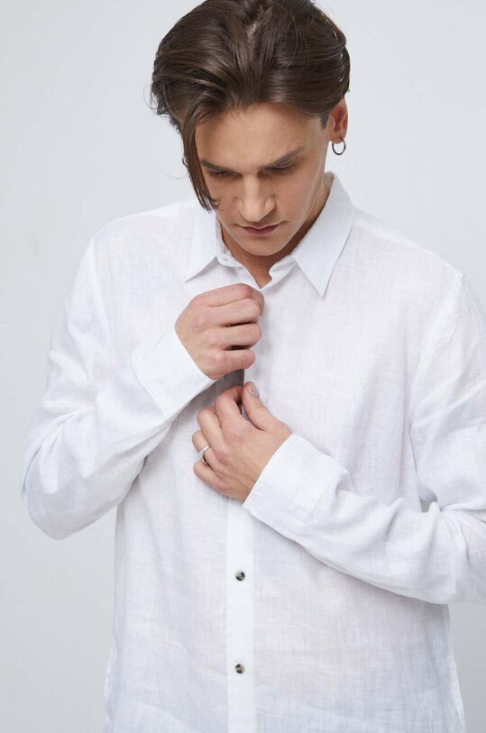 Koszula lniana męska z kołnierzykiem klasycznym kolor biały RS23.KDM073 biały