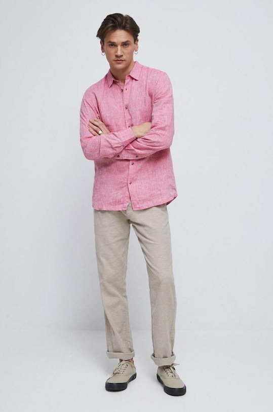 Odzież Koszula lniana męska z kołnierzykiem klasycznym kolor czerwony RS23.KDM073 czerwony