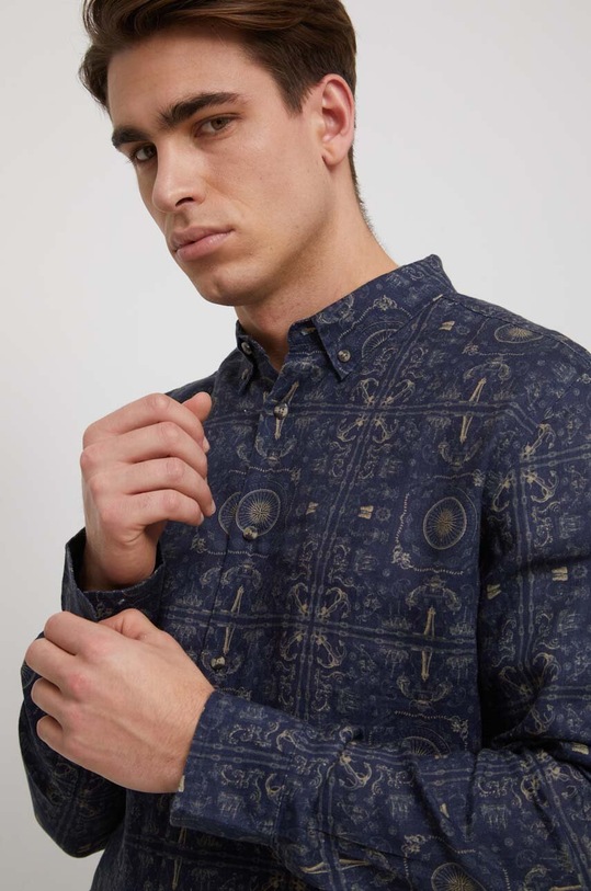 Koszula lniana męska z kołnierzykiem button-down kolor granatowy długi granatowy RS23.KDM801