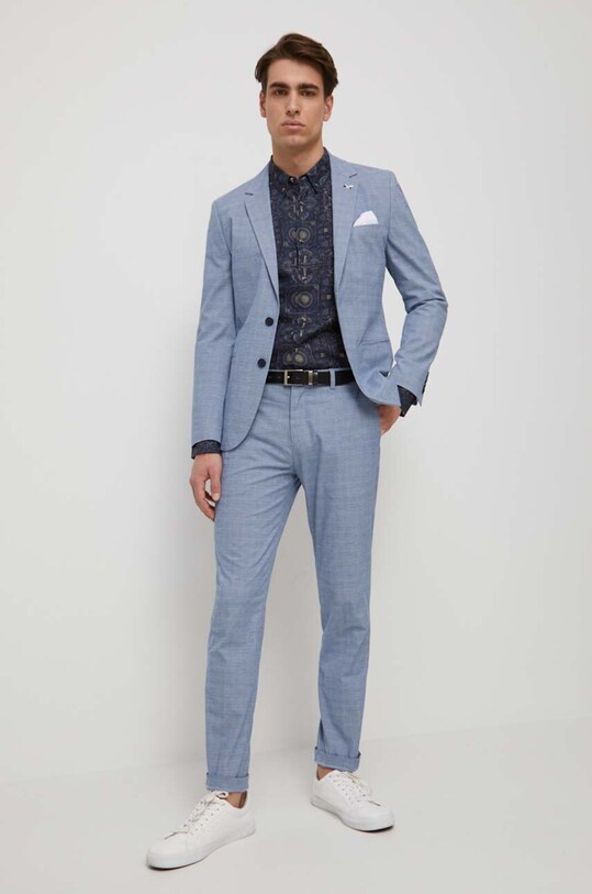 Odzież Koszula lniana męska z kołnierzykiem button-down kolor granatowy RS23.KDM801 granatowy