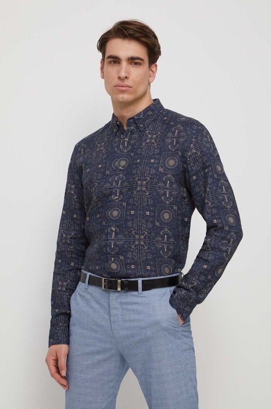 Koszula lniana męska z kołnierzykiem button-down kolor granatowy RS23.KDM801 granatowy