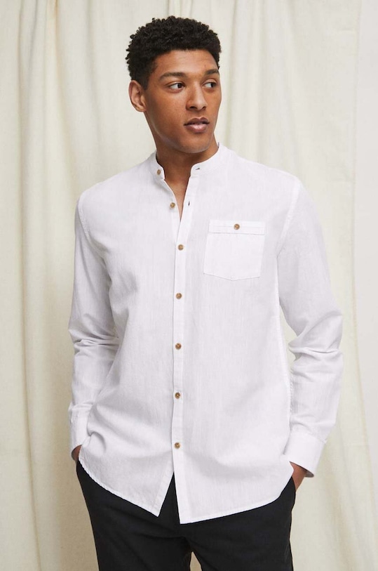 Koszula lniana męska gładka kolor biały długi biały RS23.KDMA02