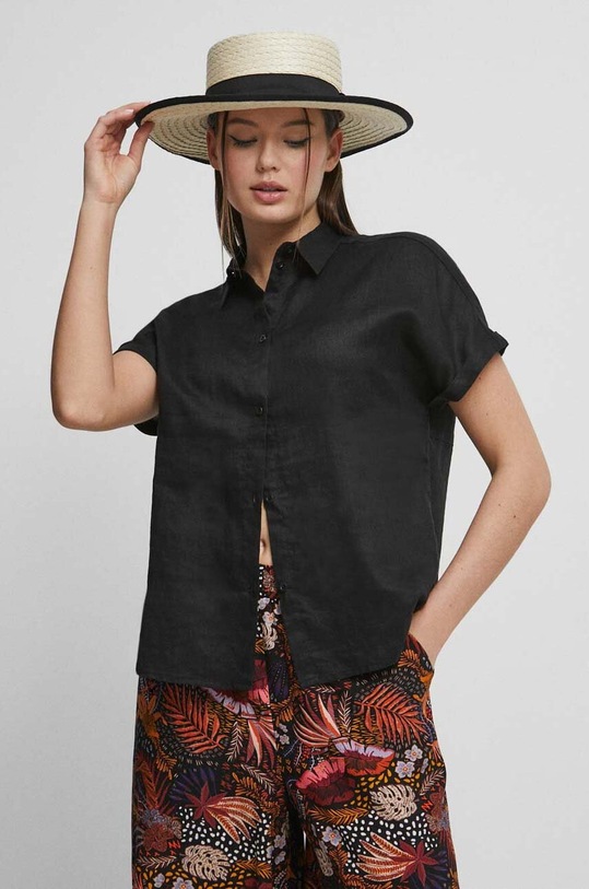 Koszula lniana damska gładka kolor czarny casual czarny RS23.KKD904