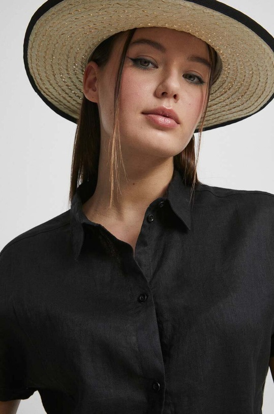 Koszula lniana damska gładka kolor czarny czarny RS23.KKD904