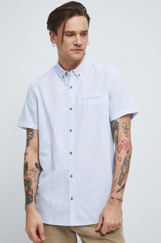 Koszula lniana męska z kołnierzykiem button-down kolor niebieski casual niebieski RS23.KKM070